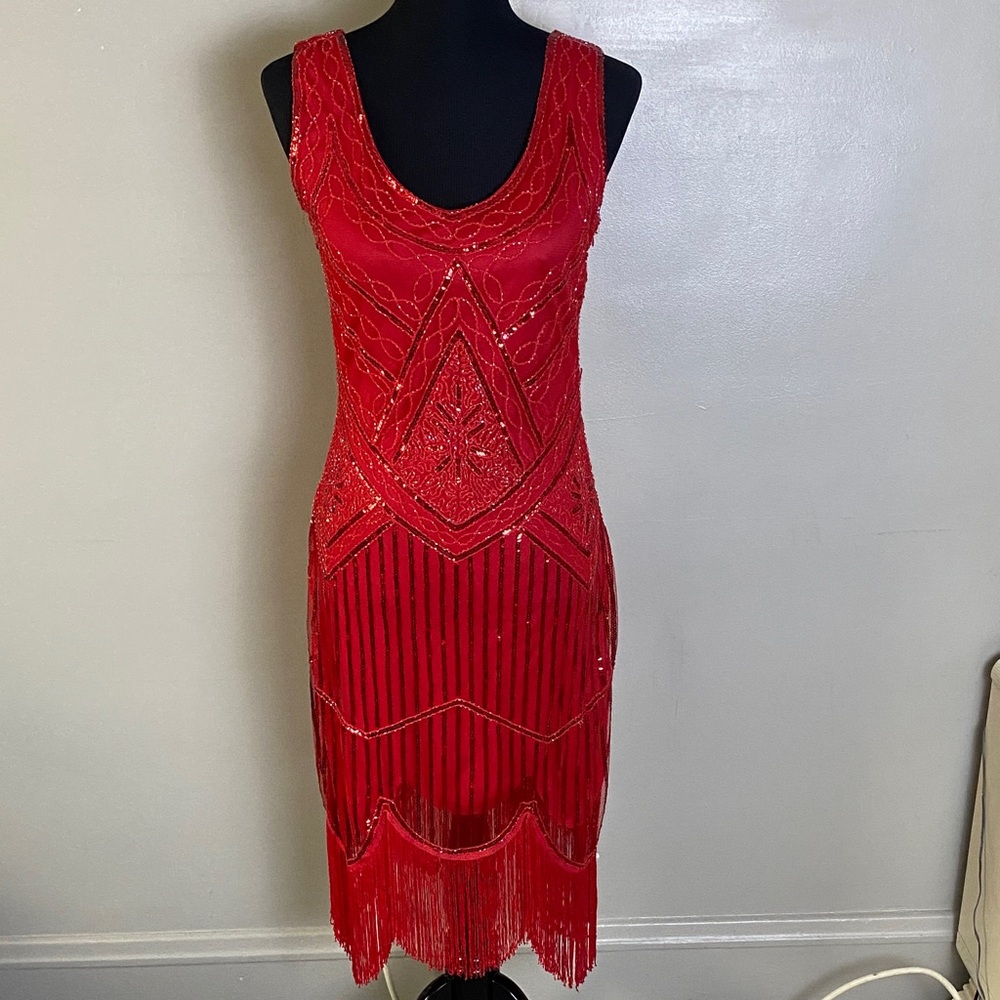 Red Beaded Fringe Flapper Dress
